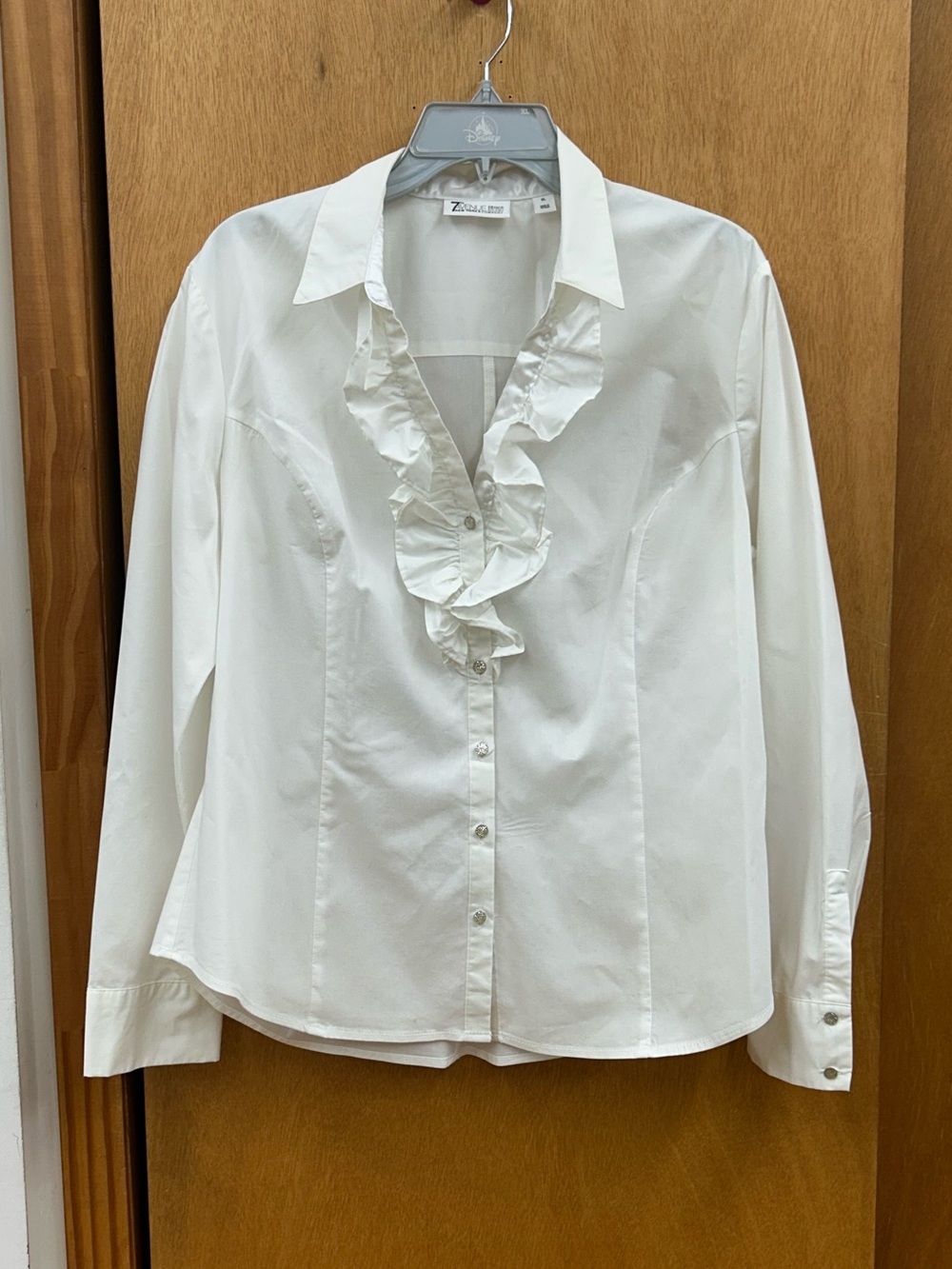 Preowned New York & Company White Ruffle-Front  Button Down Shirt Sz XL